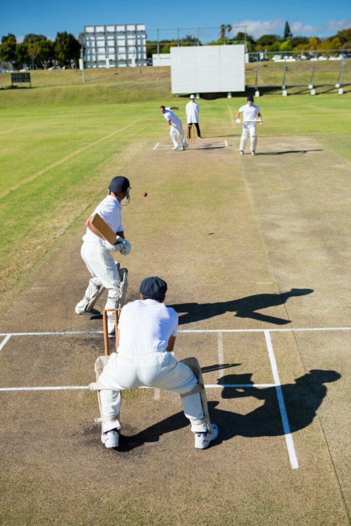 High angle view of players at cricket match