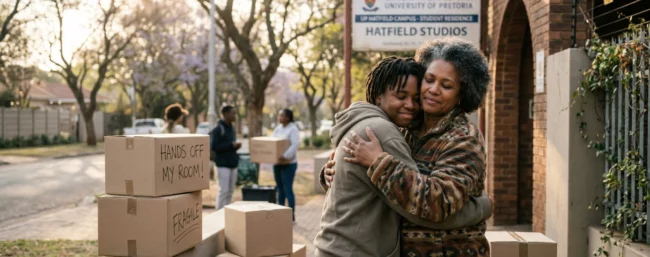 Parent hugging university student outside Hatfield residence during University of Pretoria move in day | Hotel near University of Pretoria